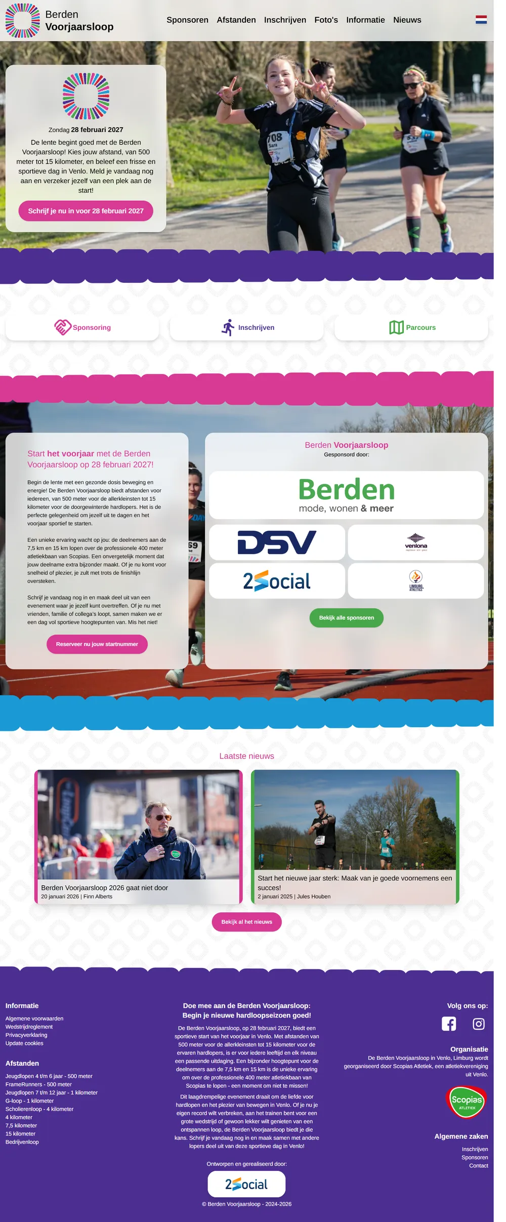 De volledige homepagina van berdenvoorjaarsloop.nl die door het scherm scrolt