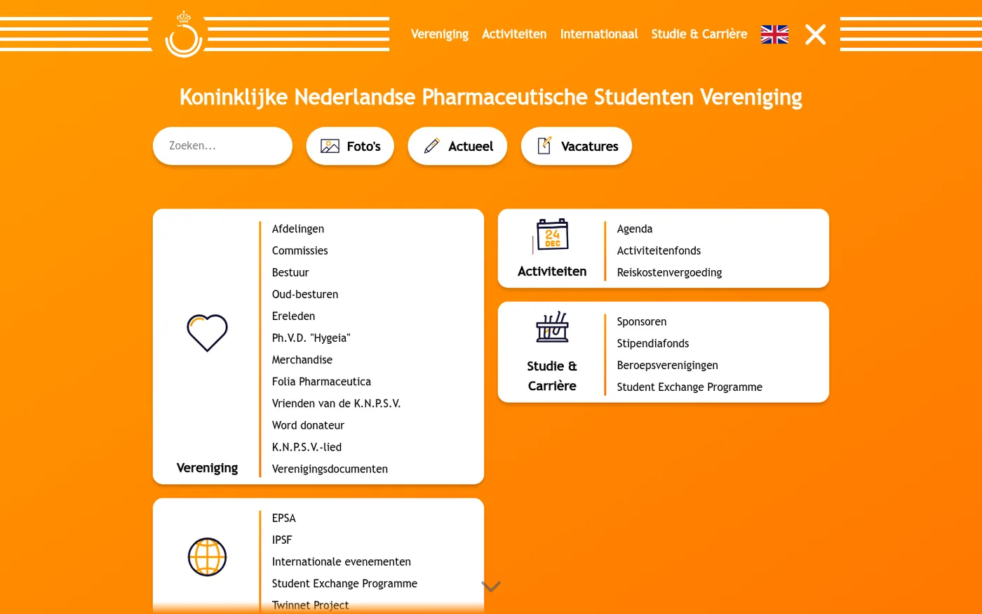 Het opengeklapte oranje menu van knpsv.nl op desktop