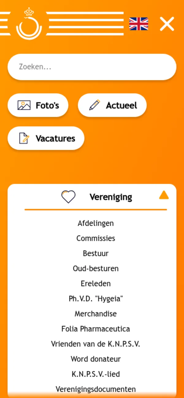 Het opengeklapte oranje menu van knpsv.nl op mobiel